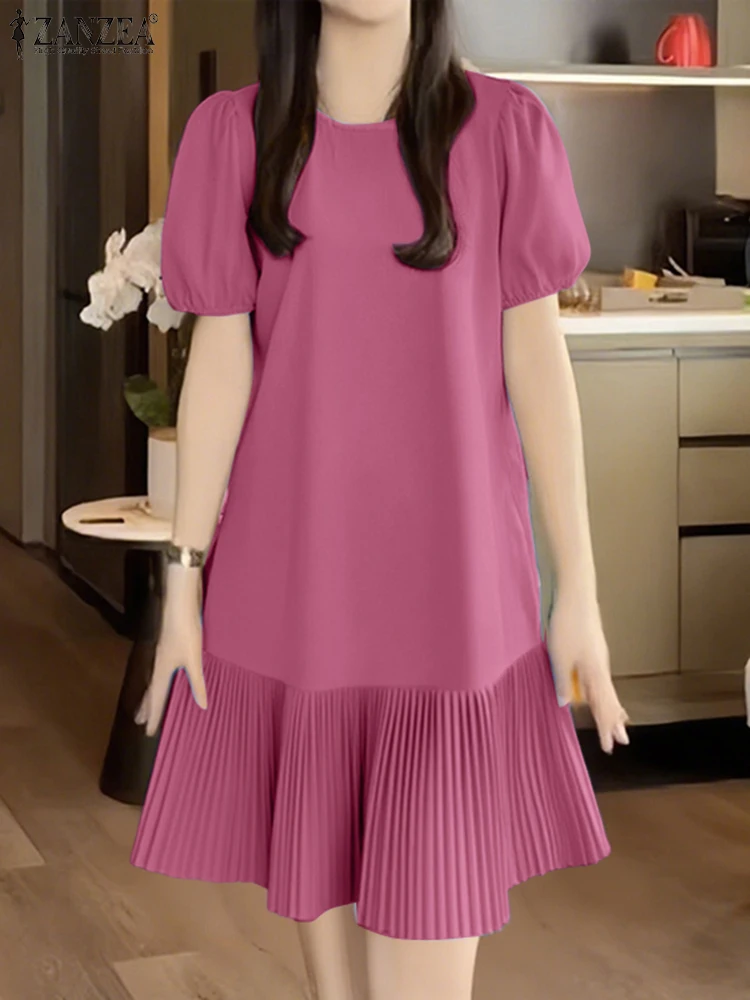 ZANZEA Women 2025 Summer Dress Elegant Pleated Dresses Stylish Short Puff Sleeve Party Sundress Casual Solid Work Vestidos Robe