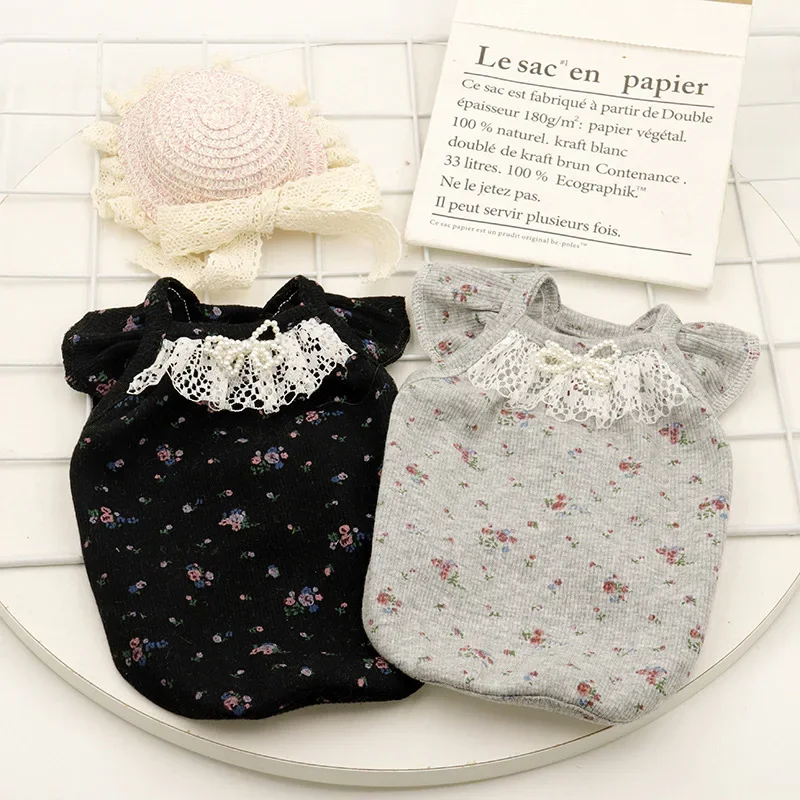 

Sweet Pet Flying Sleeve Clothes Summer Ins Cat Hoodies Dog Clothes Little Dog Clothes Teddy Home Pajamas Floral Bottom T-Shirt