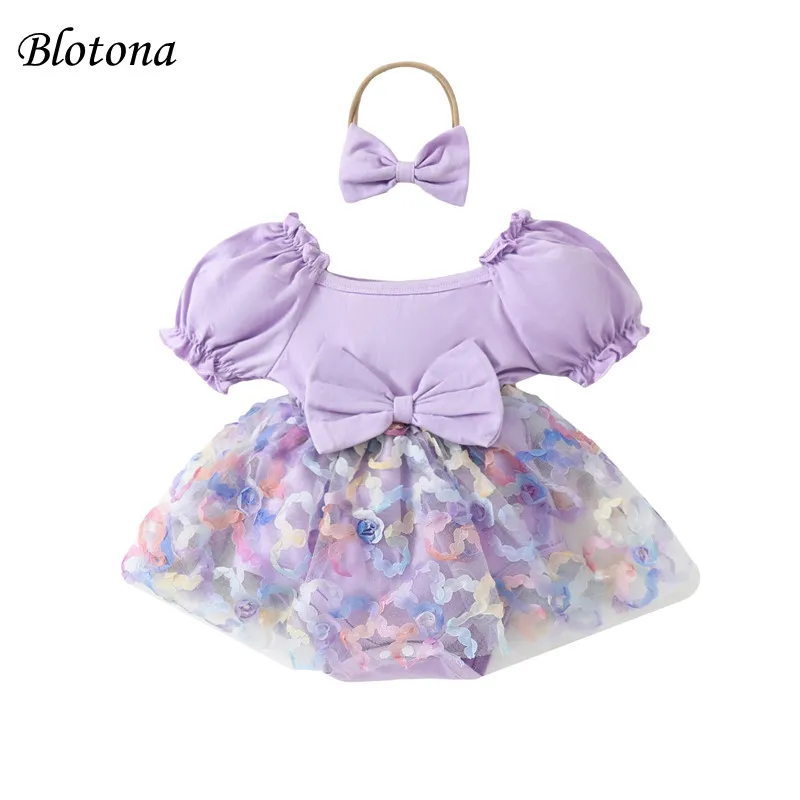 

Blotona Baby Girl 2Pcs Set Frill Trim Puff Sleeve 3D Flower Romper Dress + Bow Headband Infant Toddler Summer Outfits 0-24Months