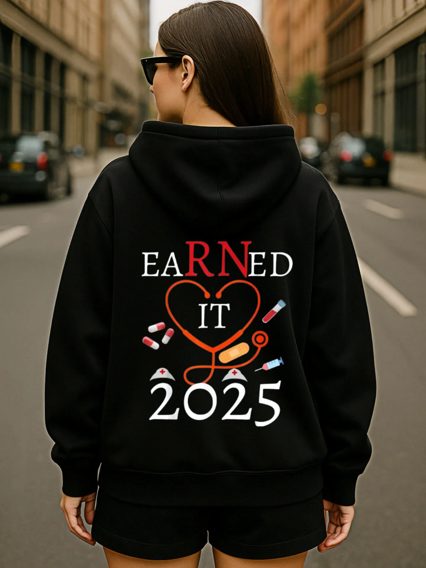 Sudadera con capucha gráfica para mujer, Spooky - Enfermera - Estampado de letras Era, estilo estético, tela suave, uso diario informal, para adolescentes