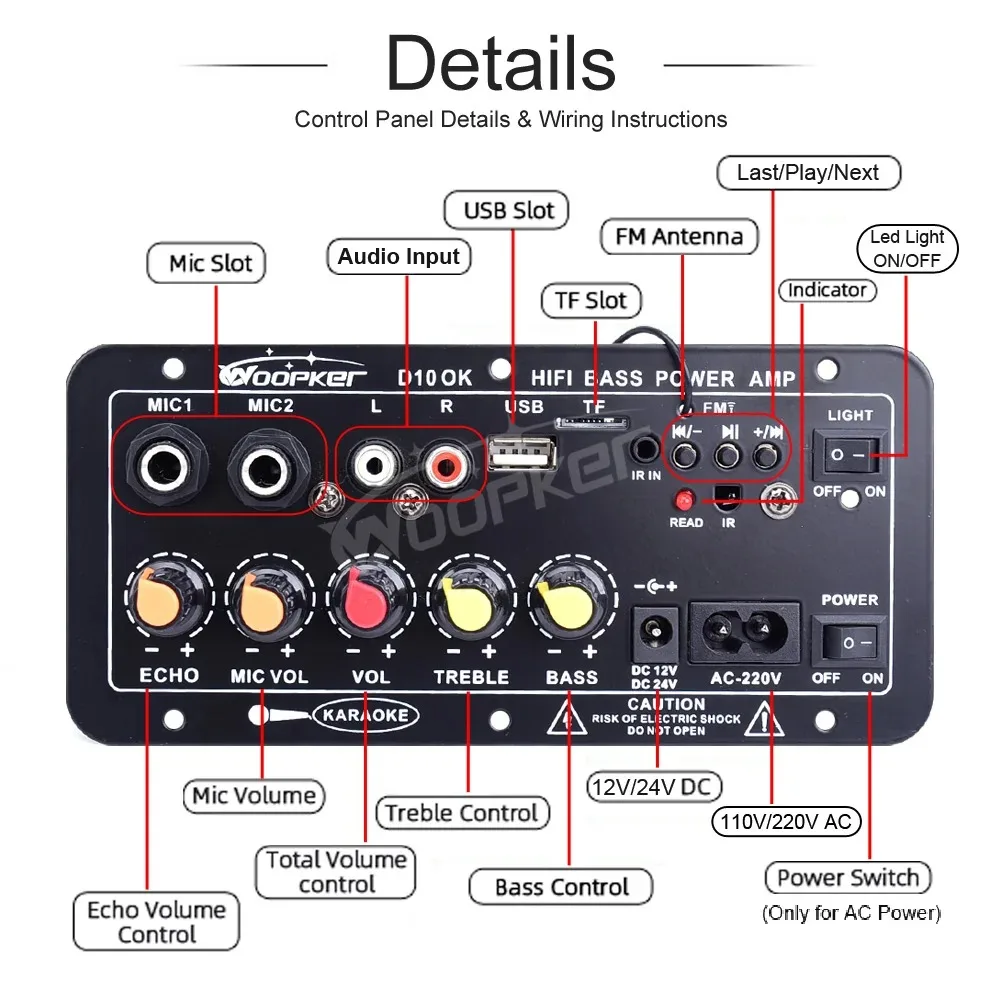 Woopker Audio Amplifier Board D10/ D10-II with Bluetooth AUX USB 30-120W for 4 Ohm Speaker 110V-220V 12V/24V Power AMP Module