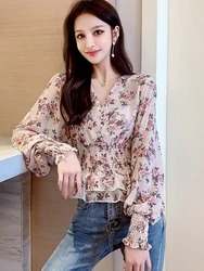 2022 Autumn Cute Tops Women Long Sleeve Korean Japanese V Neck Slim Waist Ruffled Peplum Floral Chiffon Shirts Blouse 120