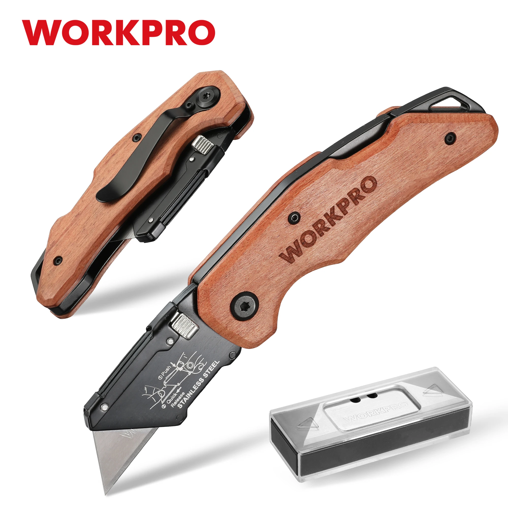 

WORKPRO Wood Handle Folding Utility Knife, Box Cutter Replaceable Blade Heavy Duty Folding Box Cutter With 10 Blades