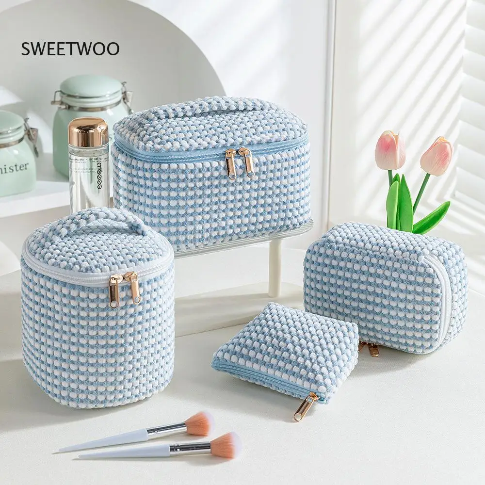 Waffle & Corduroy Cosmetic Bag Set, Textured Fabric Makeup Organizer with Zipper