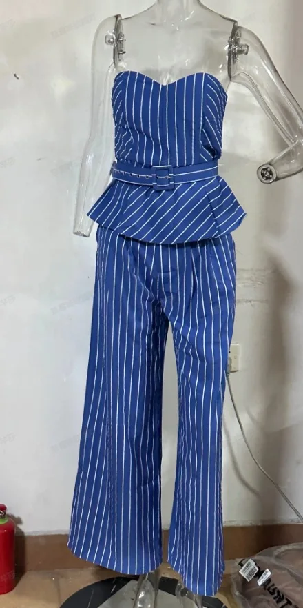 Two Piece Set Women Strapless Tops Sleeveless High Waist Striped Splice Wide Leg Trousers Belt Casual Loose Fit Spring