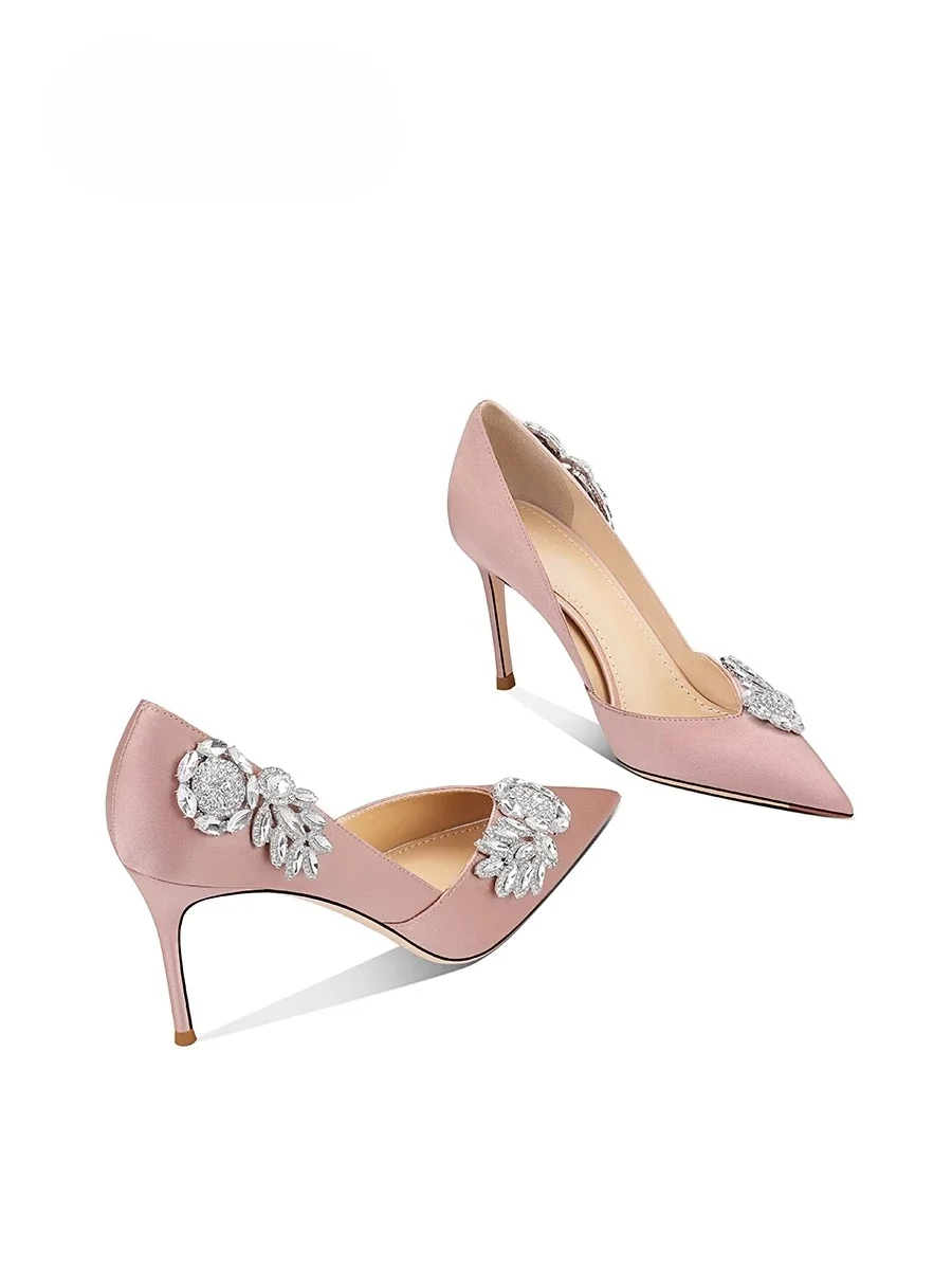 

2025 Spring and Autumn New Women's Pointed Fine Heels White Satin Shallow Mouth Fashion Bridal Dress High Heels Shoe