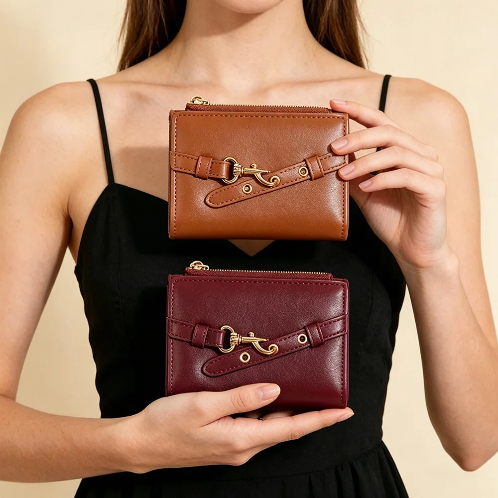 Women PU Leather Short Wallet with Metal Buckle Decor Zipper Closure Card Holder Small Coin Purse Ladies Daily Travel Clutch