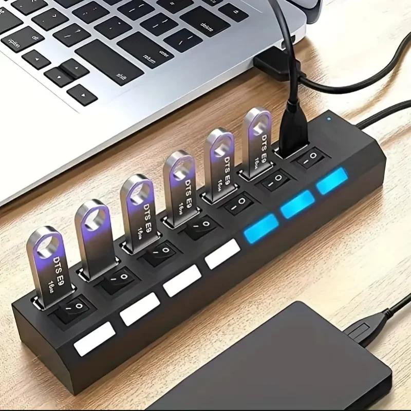 7 Ports USB 2.0 Expansion Hub Each Port with Independent On Off Switch and LED Light Indicator USB Splitter Converter USB-C OTG