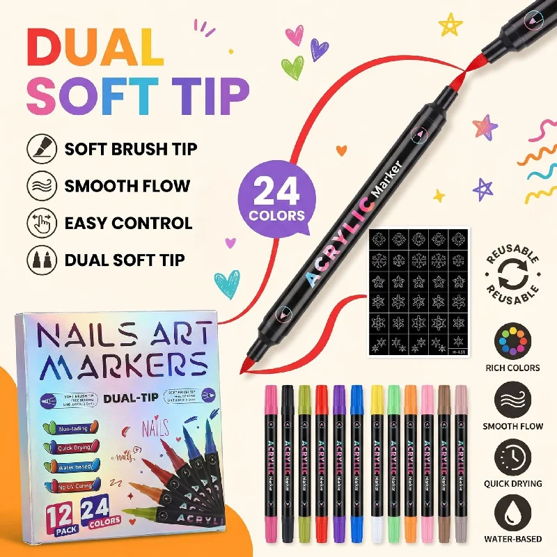 24 Colors Soft Tip Acrylic Markers Quick Dry Waterproof for Art Drawing Rock Painting Craft Supplies
