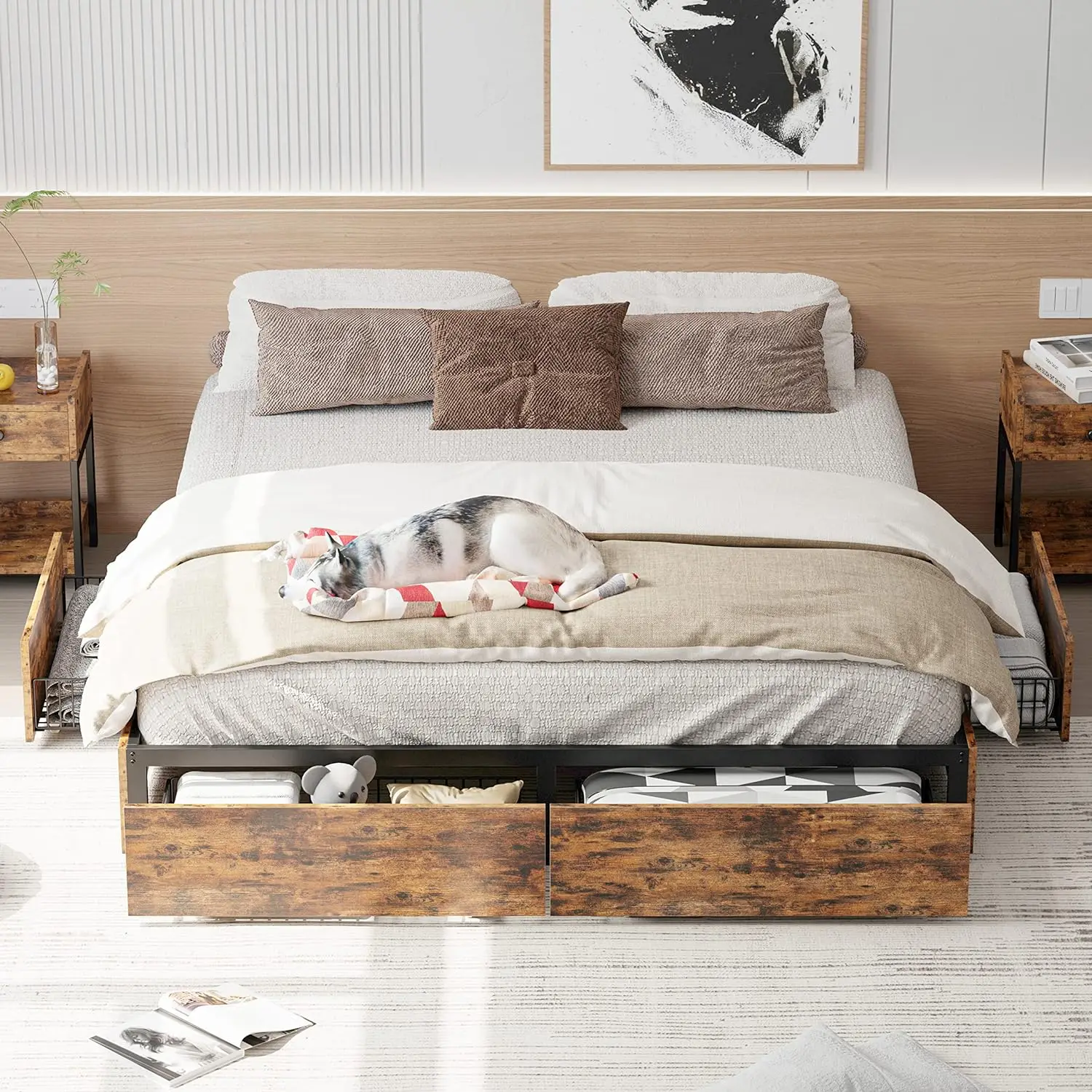 

Bed Frame with Storage, 4 Drawers and Heavy Strong Metal Support Frames, Solid Stable, Noise-Free, No Box Spring Needed