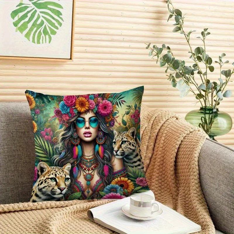 1pc 2D Flat Pillow Not Included Boho Woman Leopard Floral Crown Cushion Cover Short Plush Exotic Art Decor Gift Case