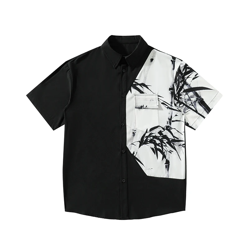 Black and White Splicing Shirt Japanese Retro Couple Short Sleeve Shirt Summer New Men's Short Sleeve Shirt Tie-Dye Tops