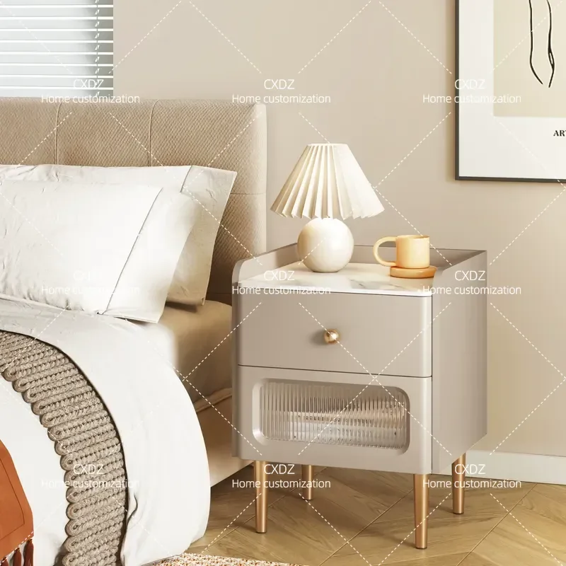 Modern Simple Slate Bedside Table Solid Wood Small Nightstand Narrow Side Cabinet for Bedroom Home Storage Light Luxury Style