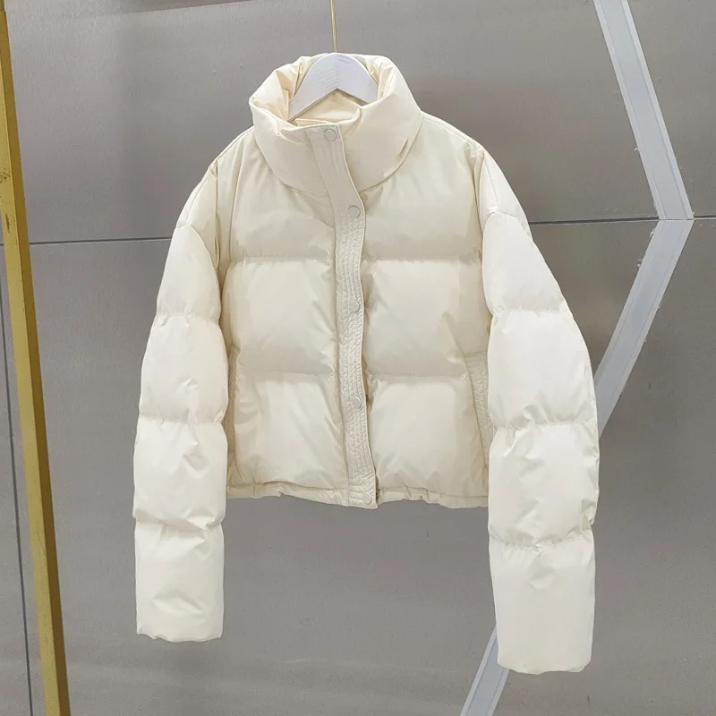 Imagem -02 - Jaqueta de Pato Branco para Mulheres Gola Alta Cabolsa Bege Manga Longa Parka Grossa Tops de Moda 2024