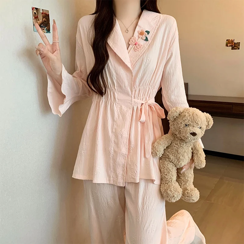 

2025 Autumn Long Sleeve Cotton Kimono Pajama Sets for Women Loose Sleepwear Suit Pyjama Homewear Pijama Mujer Femme Home Clothes