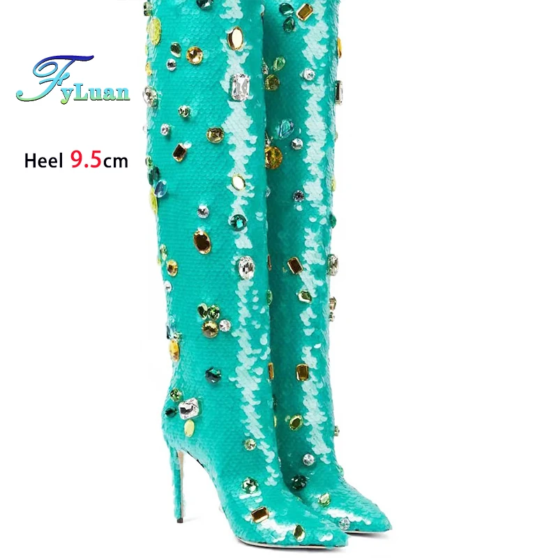 2025 New Sequins Long Boots Green 9.5CM Thin Heels Luxury Women Pointed Party Shoes Colored Gemstone Knee-high Boots For Ladies