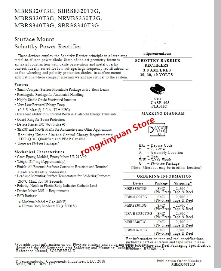 10 قطعة/الوحدة MBRS340T3G بمناسبة: B34 SMC/DO-214AB MBRS340T3 MBRS340 3A/40 فولت سطح جبل مقوم الطاقة شوتكي 100% جديد الأصلي
