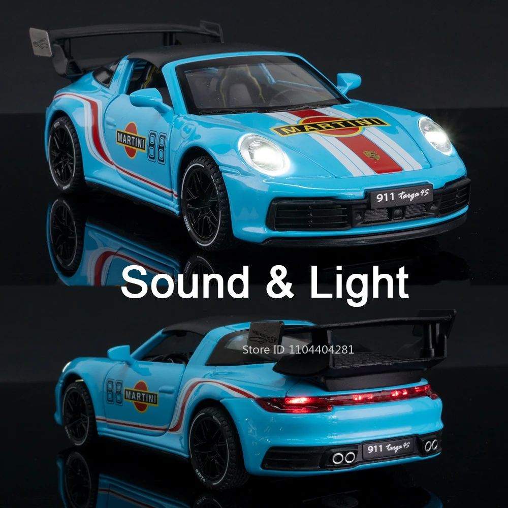 1:32 911 Martini GT3 Diecast Legering Sportwagen Modellen Speelgoed Deuren Geopend Geluid Licht Trek Voertuigen Tractor Kinderen Verjaardagscadeautjes