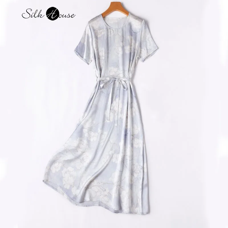 

2025 Women's Casual Summer New 100% Natural Mulberry Silk Plain Satin Elegant Simple Straight Tube Loose Short Sleeve Dress
