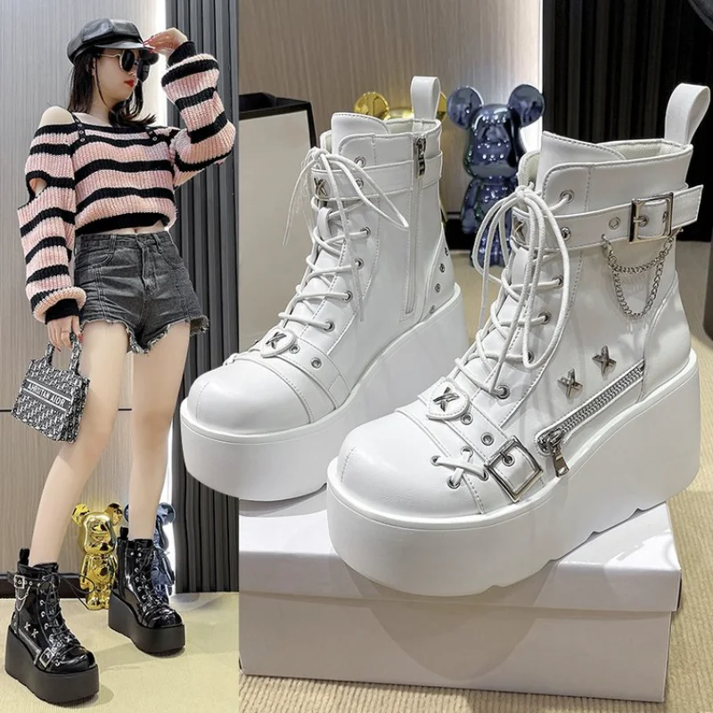 Brand New Ladies Goth Platform Ankle Boots Fashion Buckle Zip Rivet Punk Wedges High Heels Womens Boots Party Street Woman Shoes