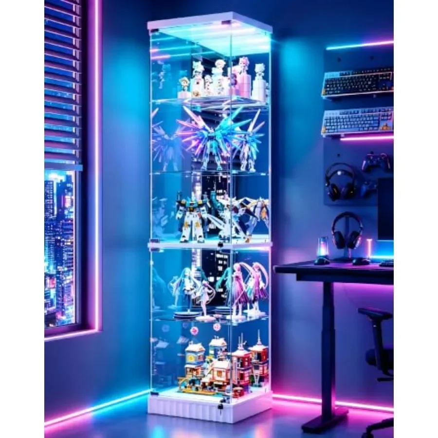 White corner glass display cabinet for gaming room collectibles, tempered glass and MDF, sleek modern design with adjustable sh