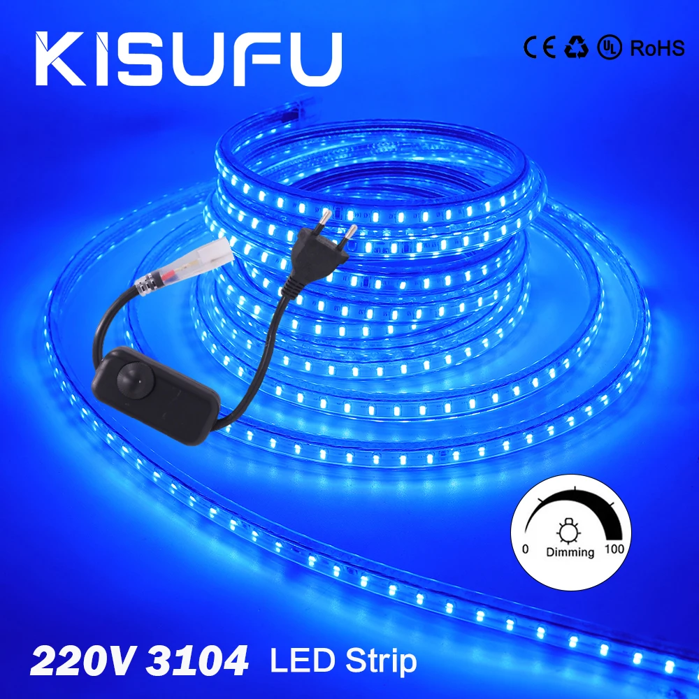 220V Dimmable LED Strip 3104 Warm White Blue High Bright 120LEDs/M FPCB 6MM IP65 Waterproof Ribbon LED Light Home Bar KTV Decor