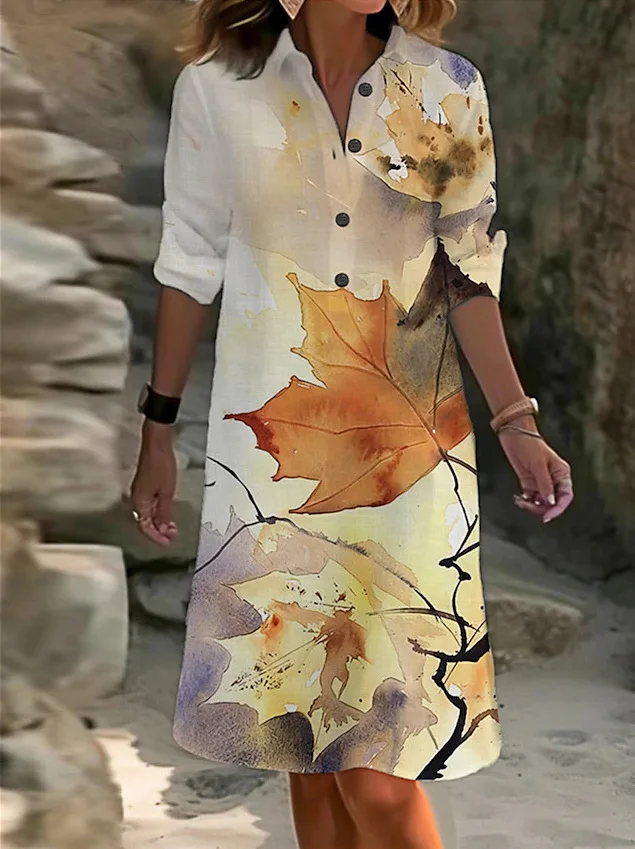 2023 Lente damesjurk Casual mode bedrukte overhemdkraag gesplitst lange mouw V-hals half vest