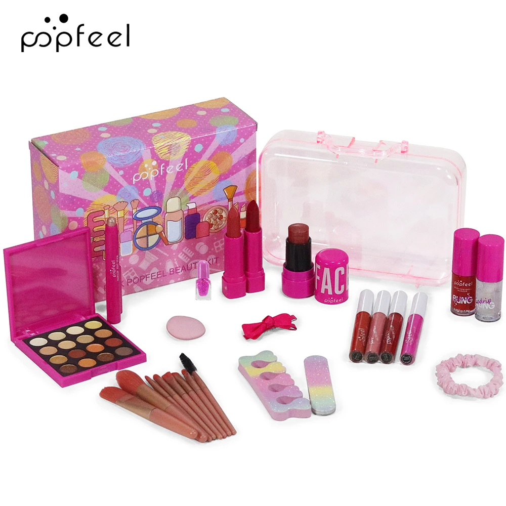POPFEEL Różowy Zestaw do Makijażu - Kompletny Zestaw Cieni do Powiek, Podkładu i Pomadki na Święta i do Prezentowania na Boże Narodzenie.
