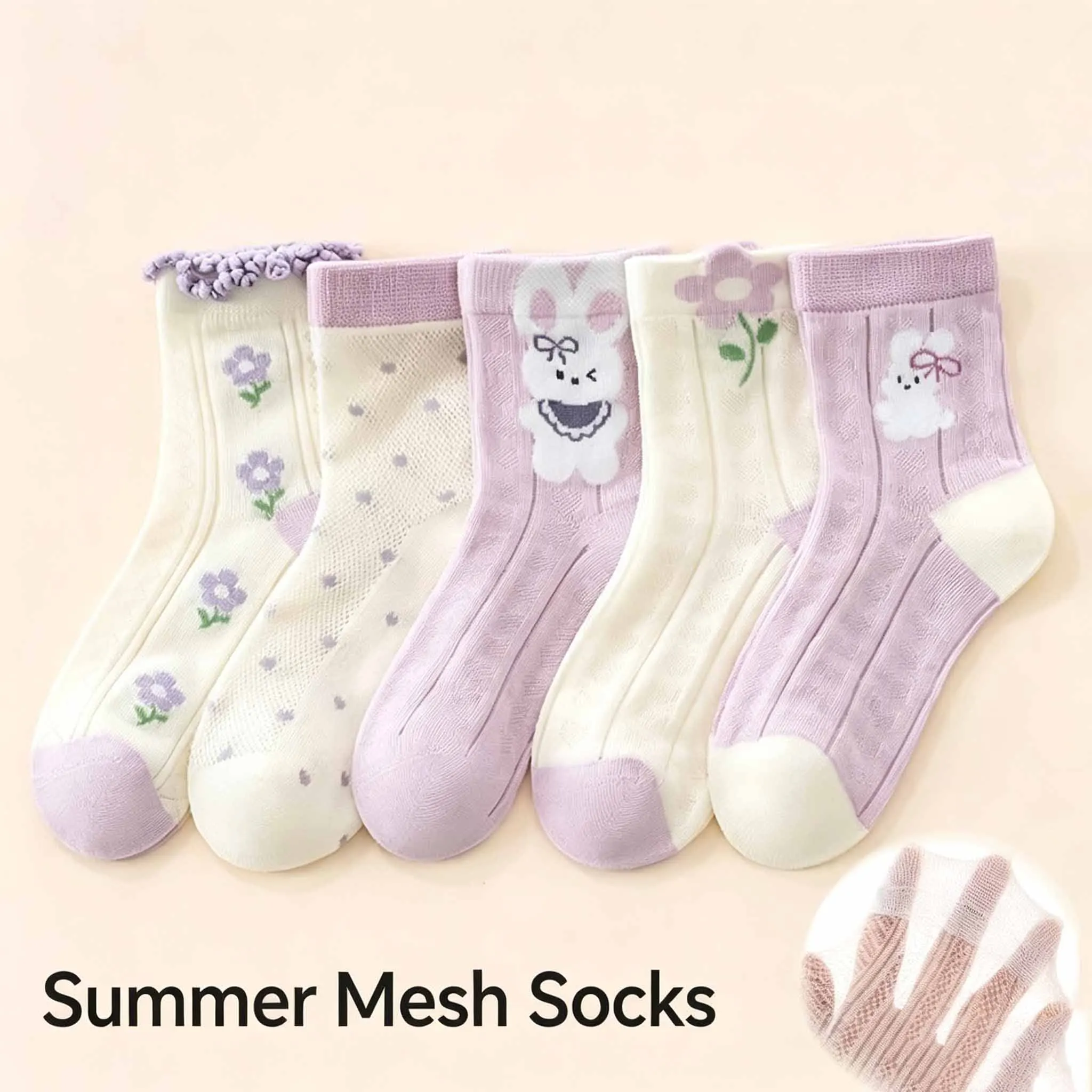 Girls Summer Mesh Crew Socks 5 Pairs Cute Rabbit Floral Print Breathable Mid‑Calf Socks Sweet Purple Fashion Kids Socks Comforta