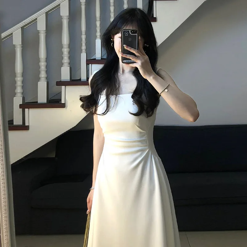 

French Fashionable Waist Wrapped White Strap Dress with Advanced Sense 2024 New Summer Fairy Style Dresses Female Clothing