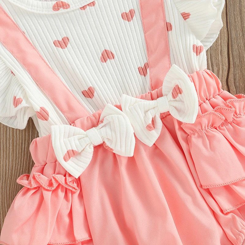Summer Newborn Baby Girl Valentines Day Outfit Heart Printed Ruffle romper Short Sleeve Bodysuit Bow Headband Clothes
