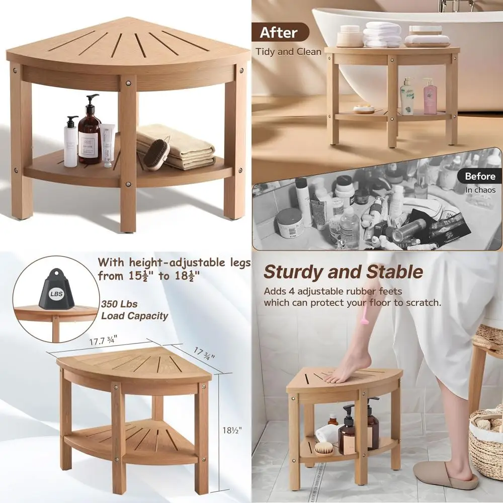 

Space-Saving Corner Shower Stool with Storage Shelf for Bath, Plastic Bench Seat for Shaving and Foot Rest