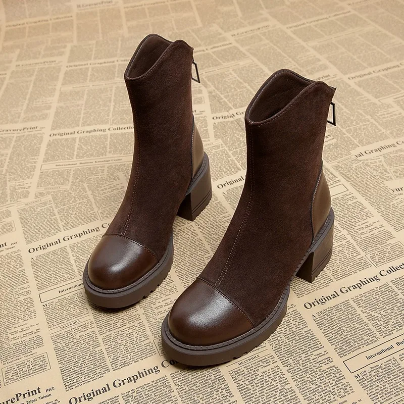 

Scrub Fleece Paneled Booties Autumn New Round Toe Zip Platform Non-Slip Wear-Resistant Block Heel Shoes for Women