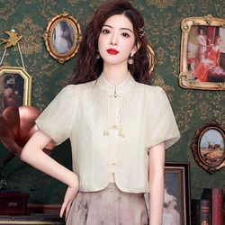 New Summer Chinese Style Apricot Chiffon Shirt Women Tops Blouse Blusas Mujer De Moda 2024 Verano Short Sleeve Women Shirt H580