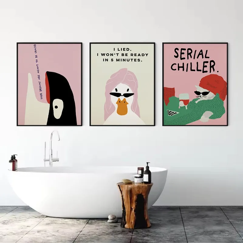 Funny Bathroom Lazy Cat Diva Duck Shower Bathtub Retro Illustration Poster Canvas Painting Wall Art Pictures Home Decor Gift