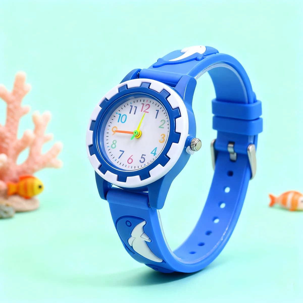 

Силиконовый ремешок для часов с милым дельфином и красочными стрелками и маркерами для детей, подходит для повседневного ношения и рождественских подарков