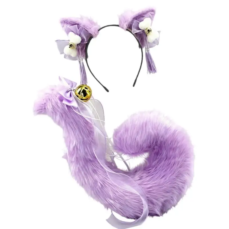 A52E Anime Cosplay Requisiten Katzen Ohren und Schwanz Set Plüsch Pelzigen Ohren Hairhoop mit Schwanz – Detail 3