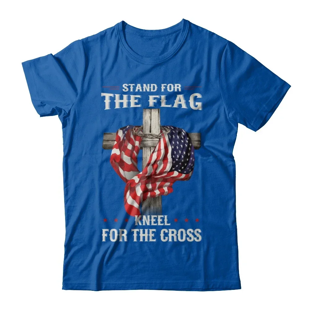 Stand for The Flag Kneel for The Cross. America Flag Cross Patriotic T Shirt. New 100% Cotton Short Sleeve O-Neck Casual T-shirt