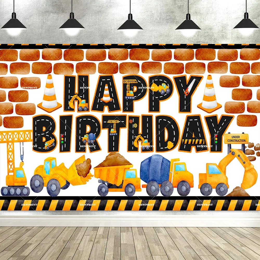 Dewprint Construction Team Excavator Themed Black and Yellow Striped Dump Truck Birthday Party Backdrop Decoration Prop