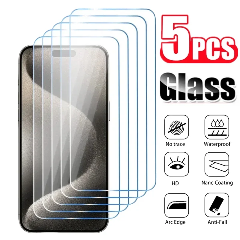 5 PCS Screen Protector For IPhone 15 14 13 12 11 High Definition Tempered Glass For IPhone 16ProMax Full Cover Protective Glass