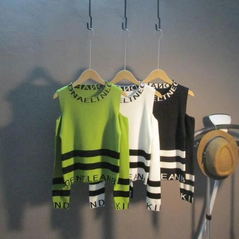 Jersey de manga larga con cuello redondo para mujer, Jersey corto de cintura alta con hombros descubiertos y letras a rayas, parte inferior de