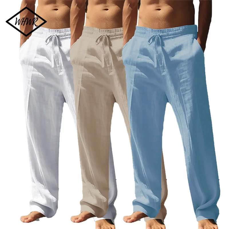 Men's Cotton Trousers Linen Fashion Solid Color Casual Pants Breathable Loose Shorts Straight Drawstring  Streetwear Men Pants
