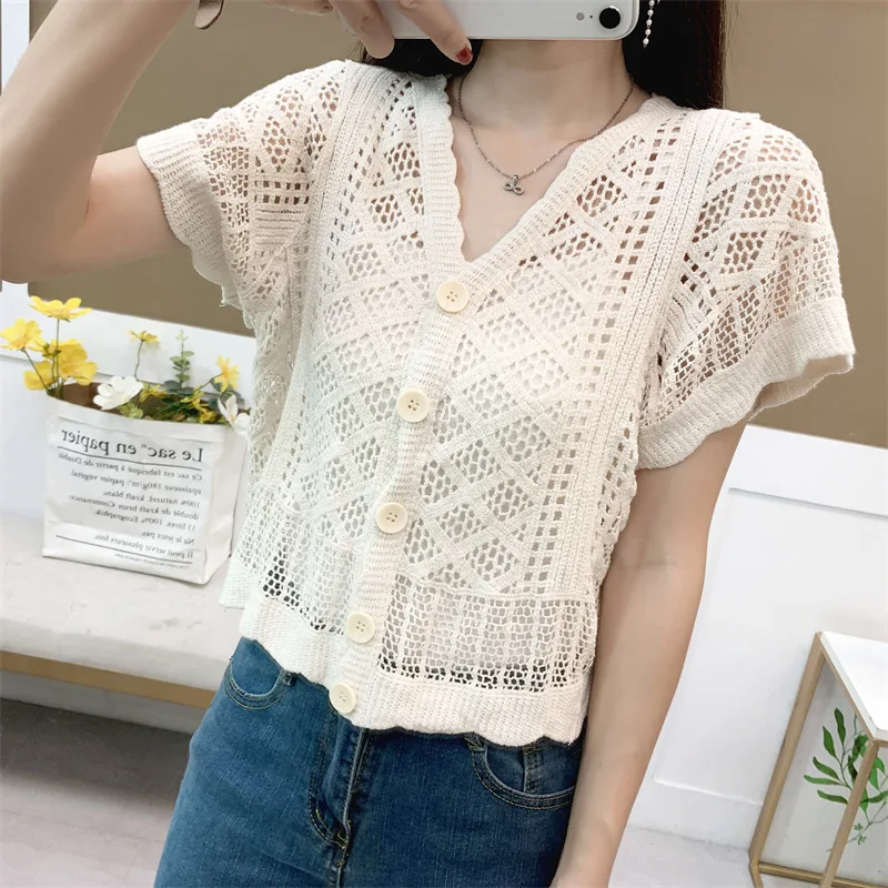 2024 New Spring and Summer V-neck Thin Hollow Figure Flattering Knit Cardigan Women\'s White Short Top