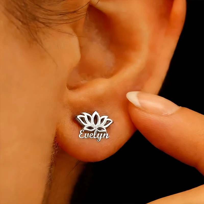 Custom Name Logo Photo Earrings Personalized Fashionable And Elegant Lotus Flower 304L Stainless Steel Women's Jewelry Gifts