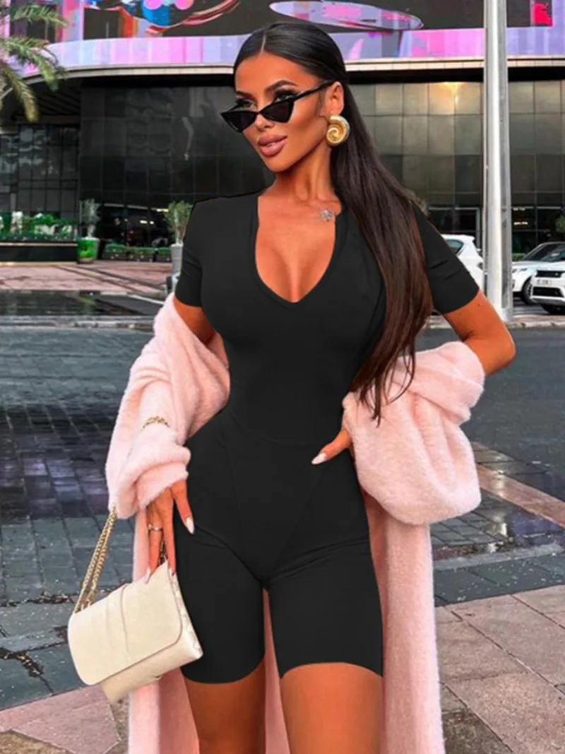 

Women Clothing Fashion Short Sleeve Solid Bodysuits One Piece Fitness Sports Overalls 2024 Fall Female One Piece Playsuits Black