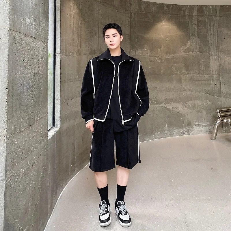 2024 Autumn Men's Two-piece Stand Collar Solid Color Jacket Straight Wide Leg Loose Male Shorts Korean Style