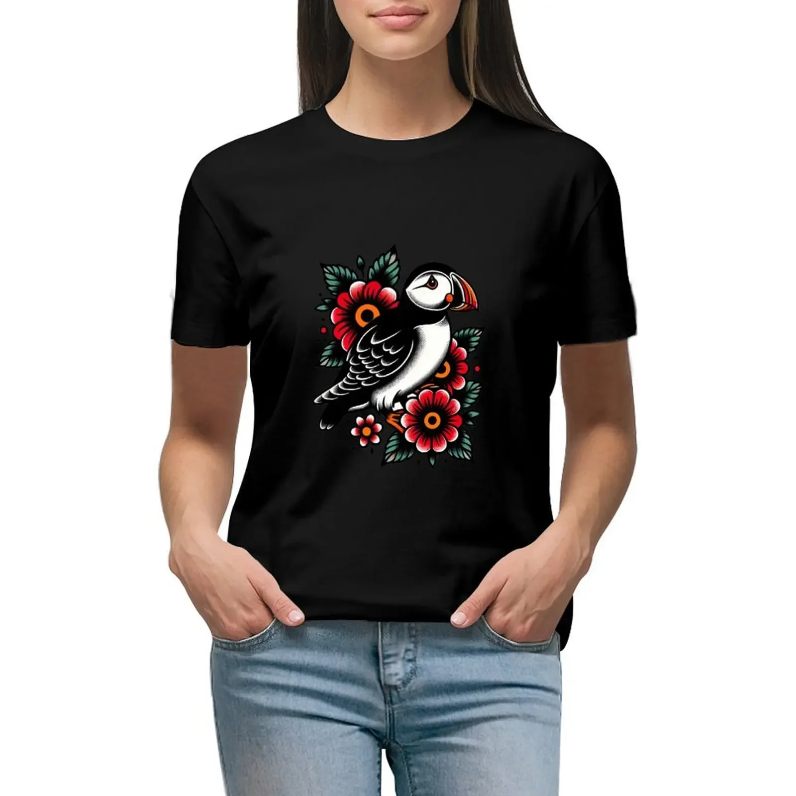 

Puffin Tattoo Design T-shirt plus size tops oversized workout shirts for Women loose fit
