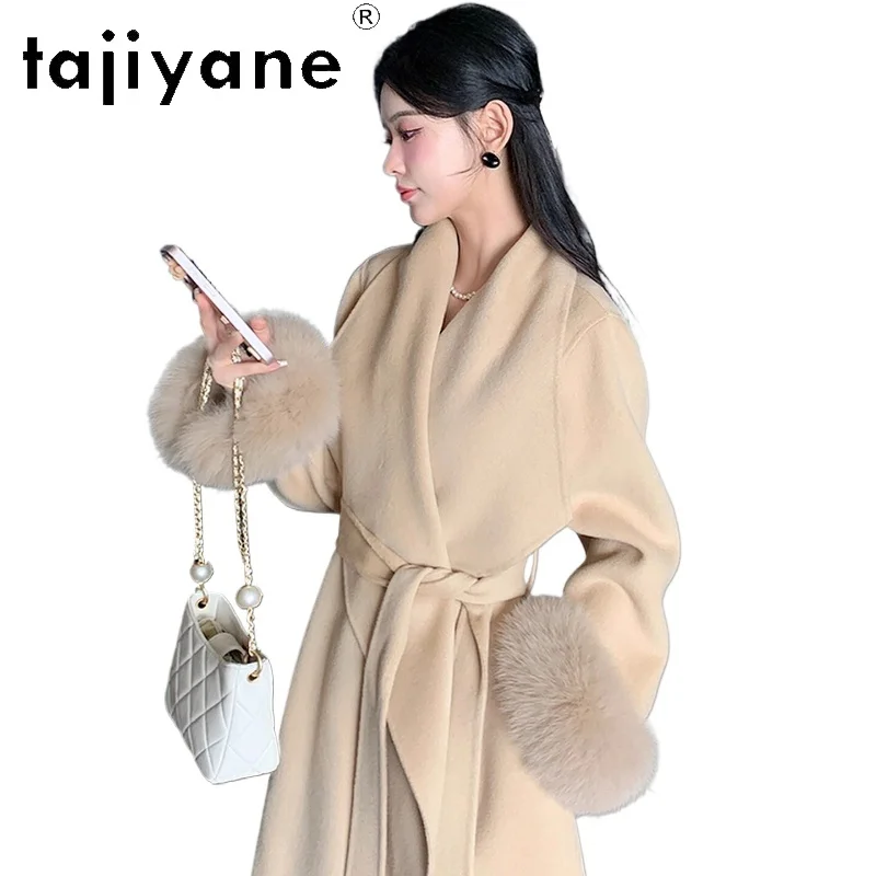 

TAJIYANE, длинное пальто из 100% шерсти, женская одежда с лацканами, женская одежда, манжеты из лисьего меха, верхняя одежда премиум-класса 2025, зимние пальто, manteaux hiver femme