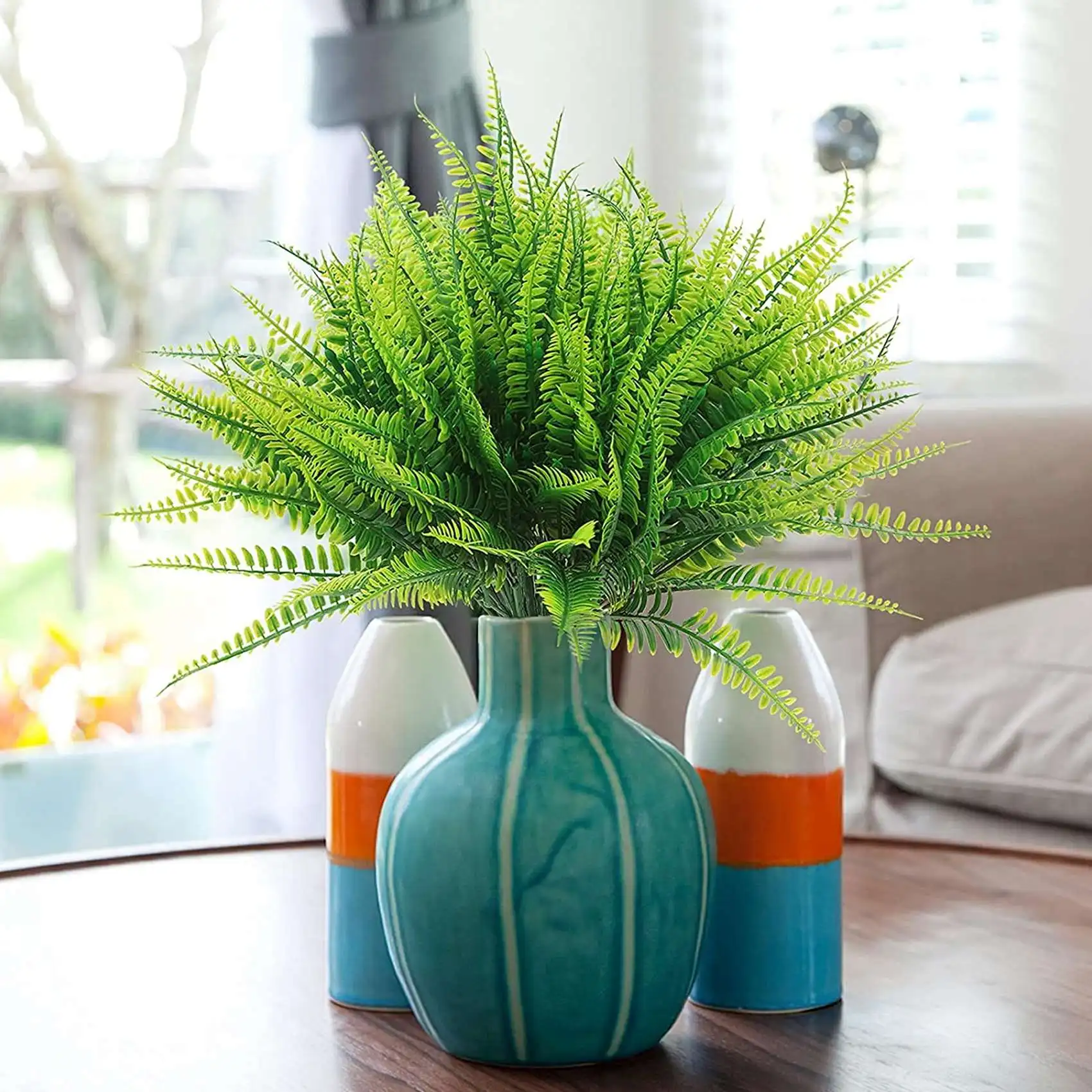 

F-F 10Pcs Artificial Boston Fern Bush Plastic Plant Hanging Fake Greenery Home Decor