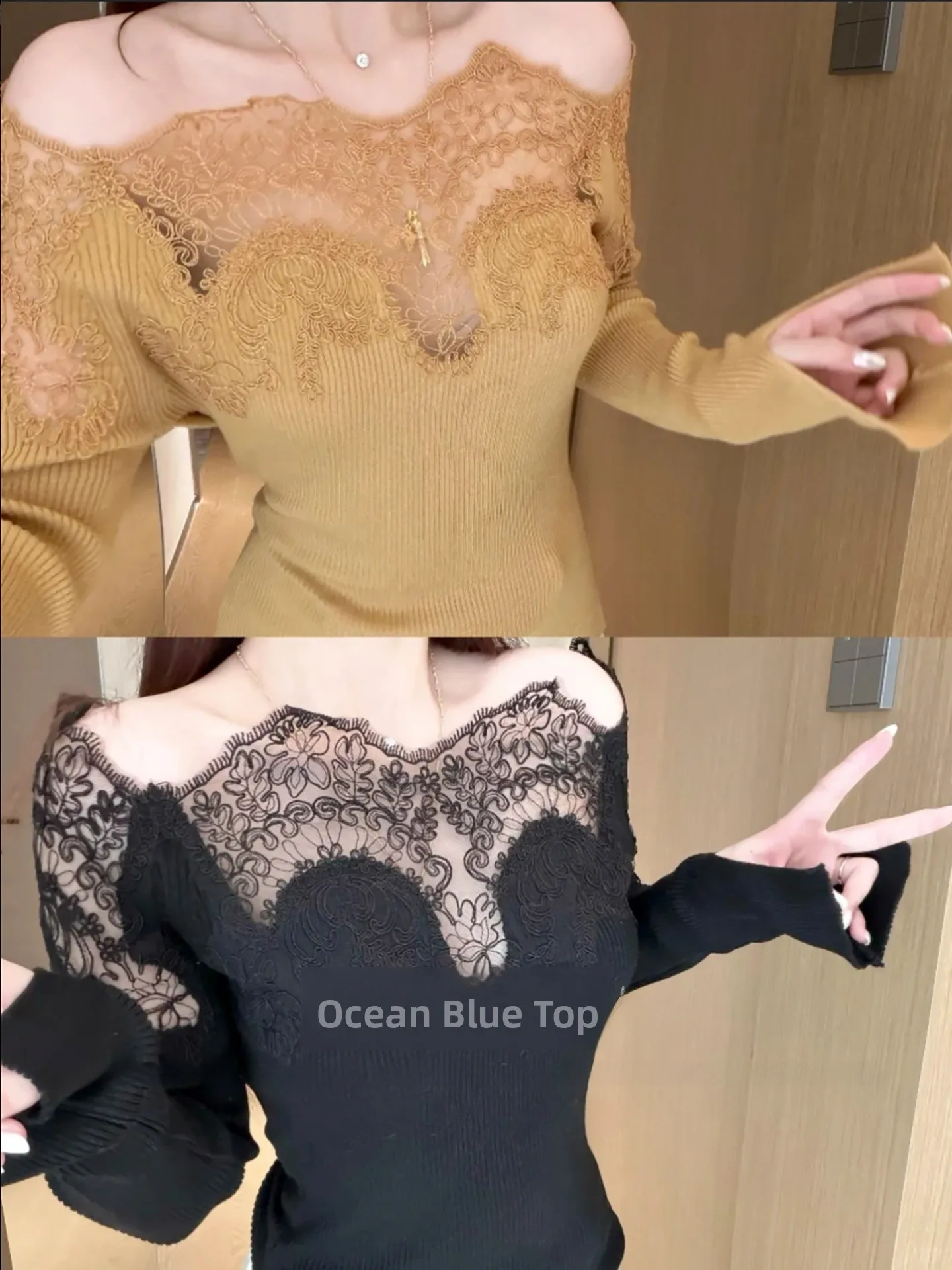 

Элегантный женский вязаный свитер в французском стиле с кружевными вставками на одно плечо, приталенный базовый топ Pure Desire